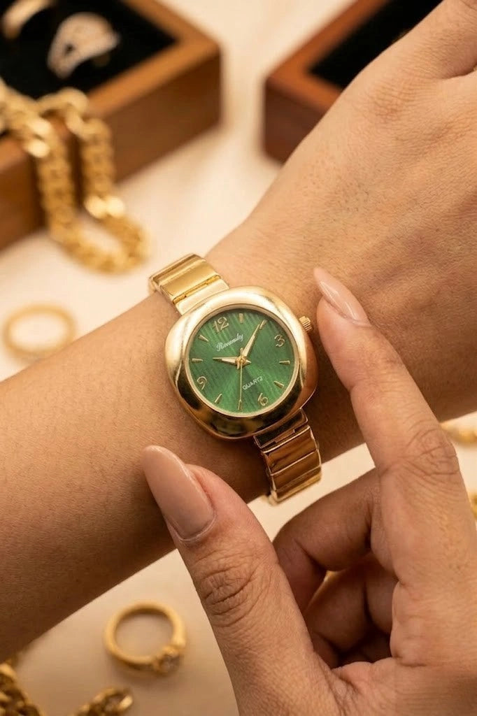 Emerald Green Dial Anti-Tarnish Gold Plated Vintage Watch | Women's Square Dial Timepiece