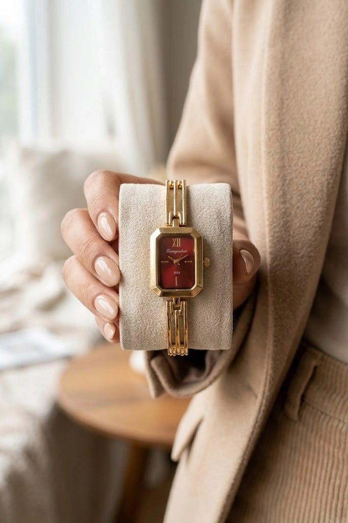 Vintage Maroon Dial Anti-Tarnish Gold Plated Watch for Women