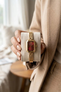 Vintage Maroon Dial Anti-Tarnish Gold Plated Watch for Women