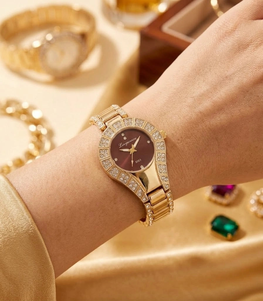 Luxury Maroon Teardrop Dial Rhinestone Watch | Anti-Tarnish Gold Plated