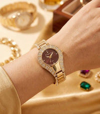 Luxury Maroon Teardrop Dial Rhinestone Watch | Anti-Tarnish Gold Plated