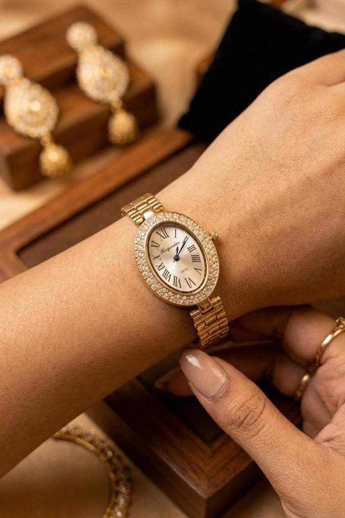 Vintage Oval Rhinestone Anti-Tarnish Gold Plated Watch | Moncheri Jewels
