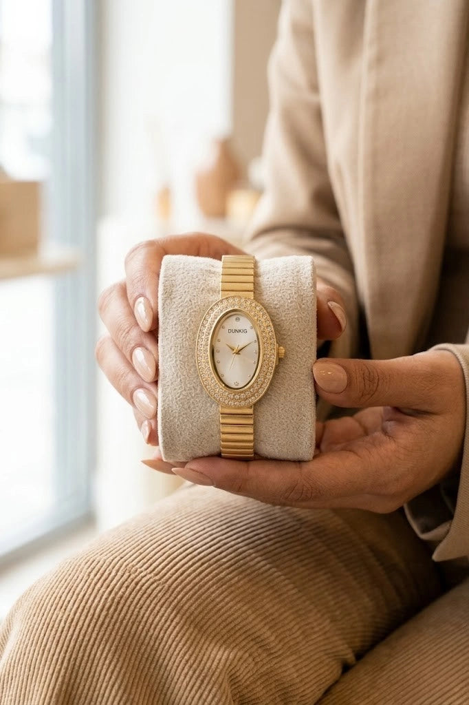 Vintage Crystal Oval Watch - Gold Plated (Anti-Tarnish)