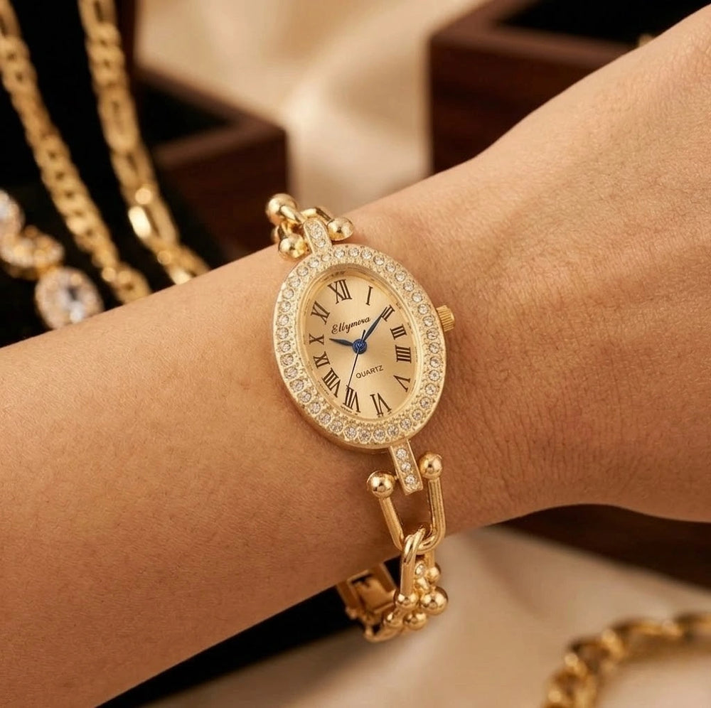 Vintage Oval Rhinestone Chain Watch - Anti-Tarnish Gold Plated