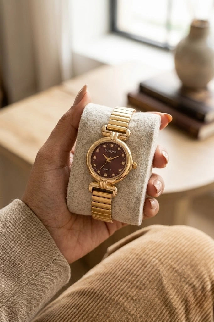 Vintage Burgundy Dial Gold Plated Watch | Anti-Tarnish Women's Watch