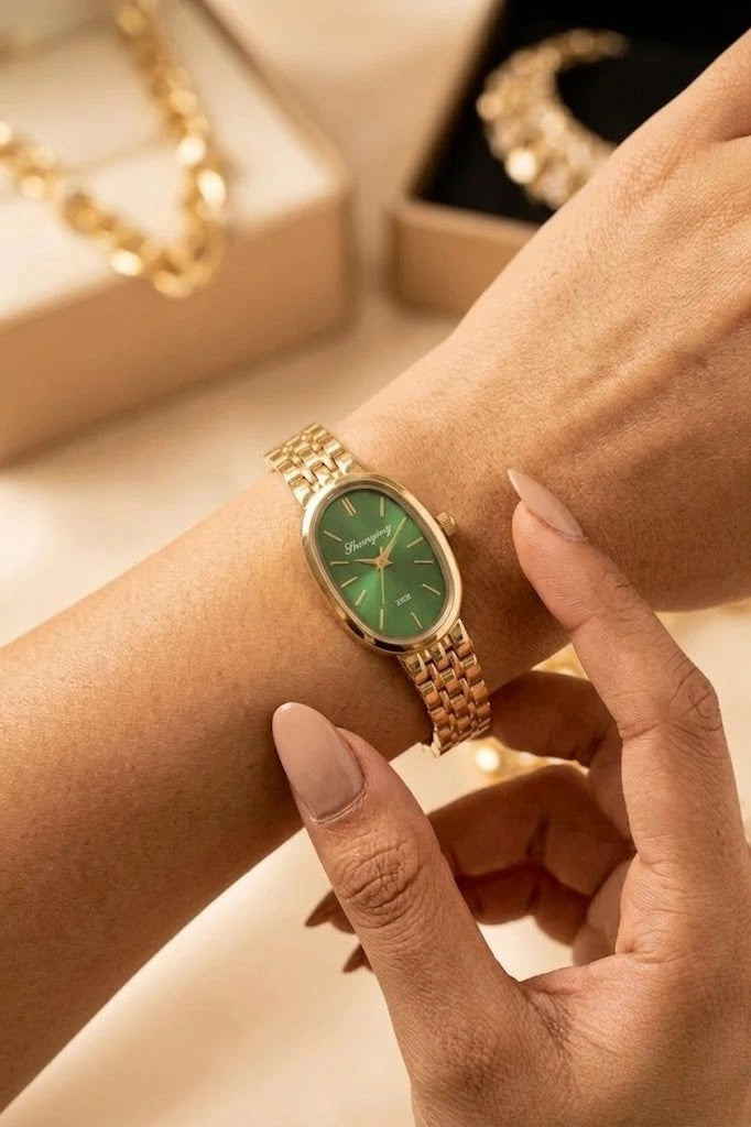 Vintage Emerald Green Oval Dial Watch | Anti-Tarnish Gold Plated