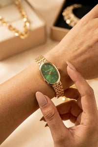 Vintage Emerald Green Oval Dial Watch | Anti-Tarnish Gold Plated