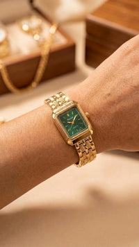 Vintage Emerald Green Rectangle Dial Gold Plated Watch | Anti-Tarnish