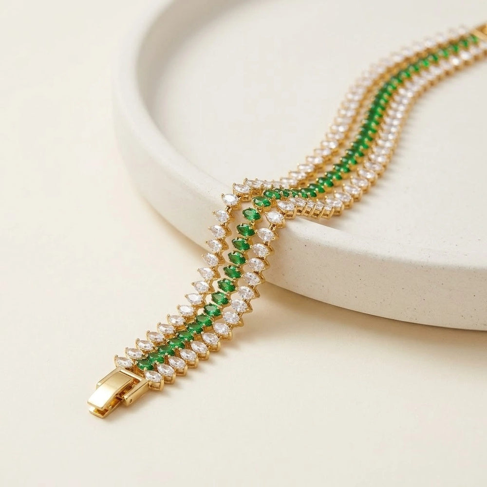 Emerald Green Triple Row Crystal Bracelet | Anti Tarnish Gold Plated