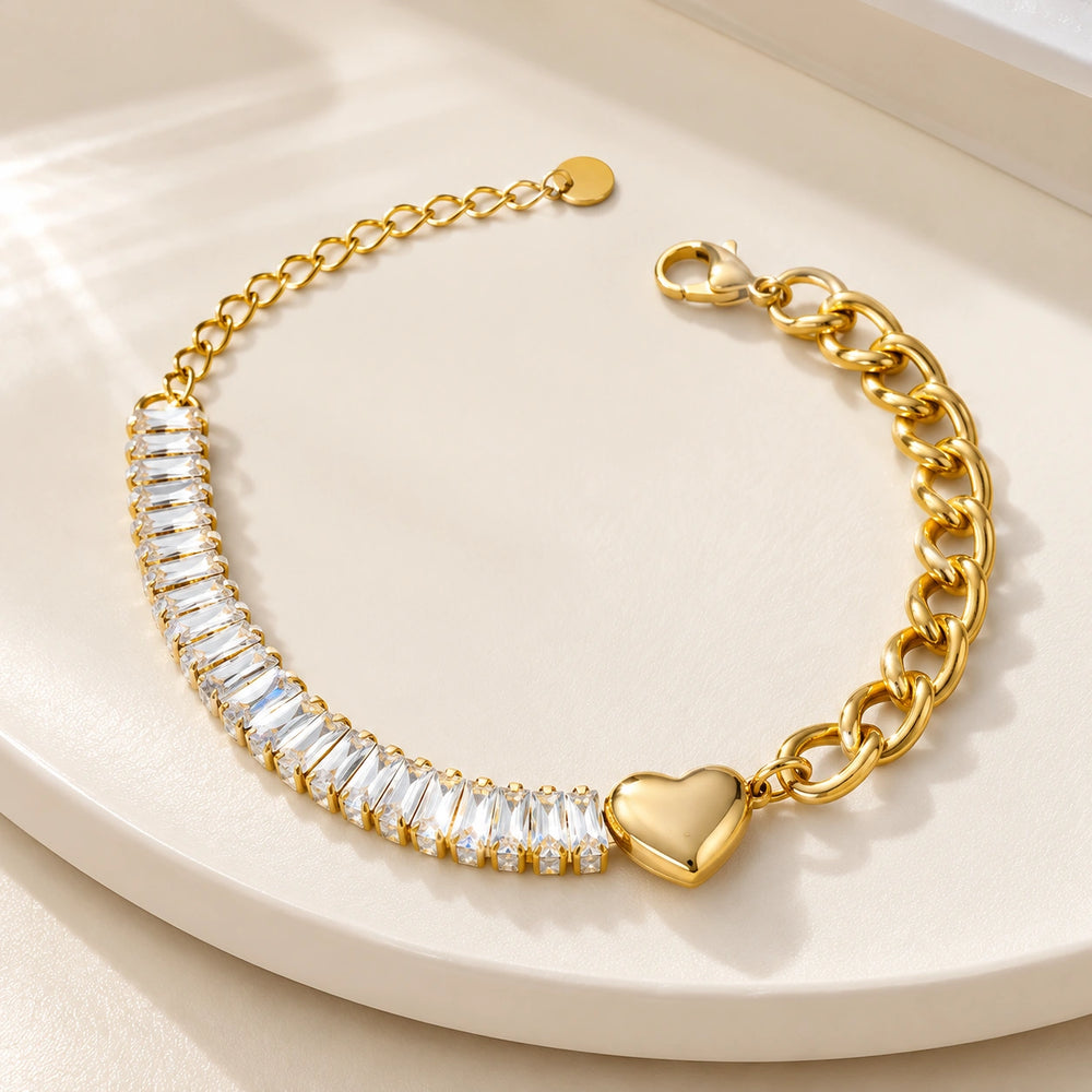 Baguette Crystal Heart Anti Tarnish Gold Plated Bracelet