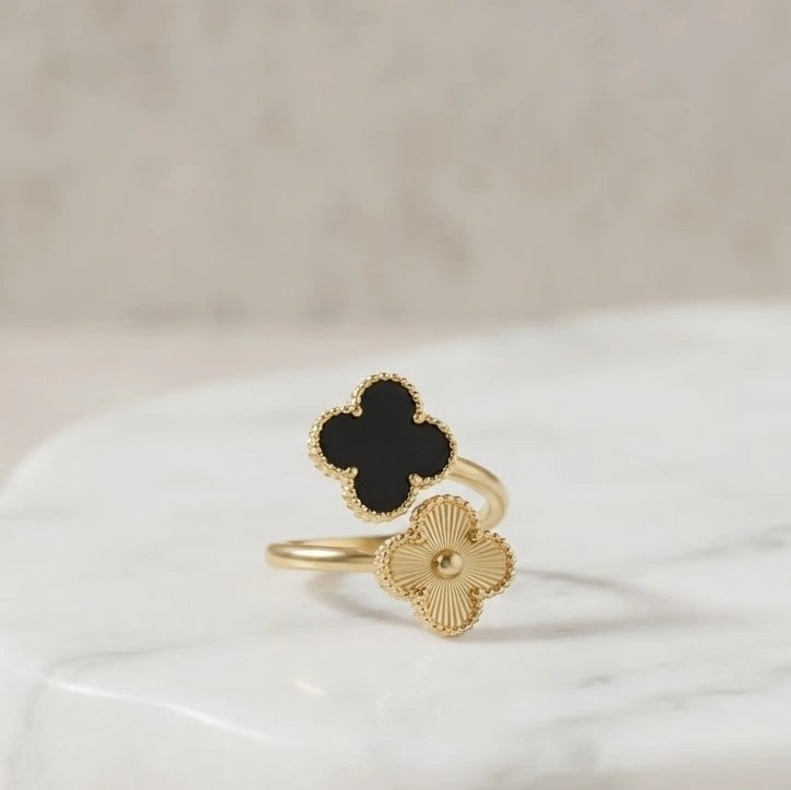 Black Double Clover Adjustable Ring - Anti Tarnish Gold Plated