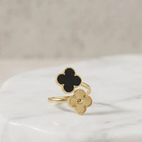 Black Double Clover Adjustable Ring - Anti Tarnish Gold Plated