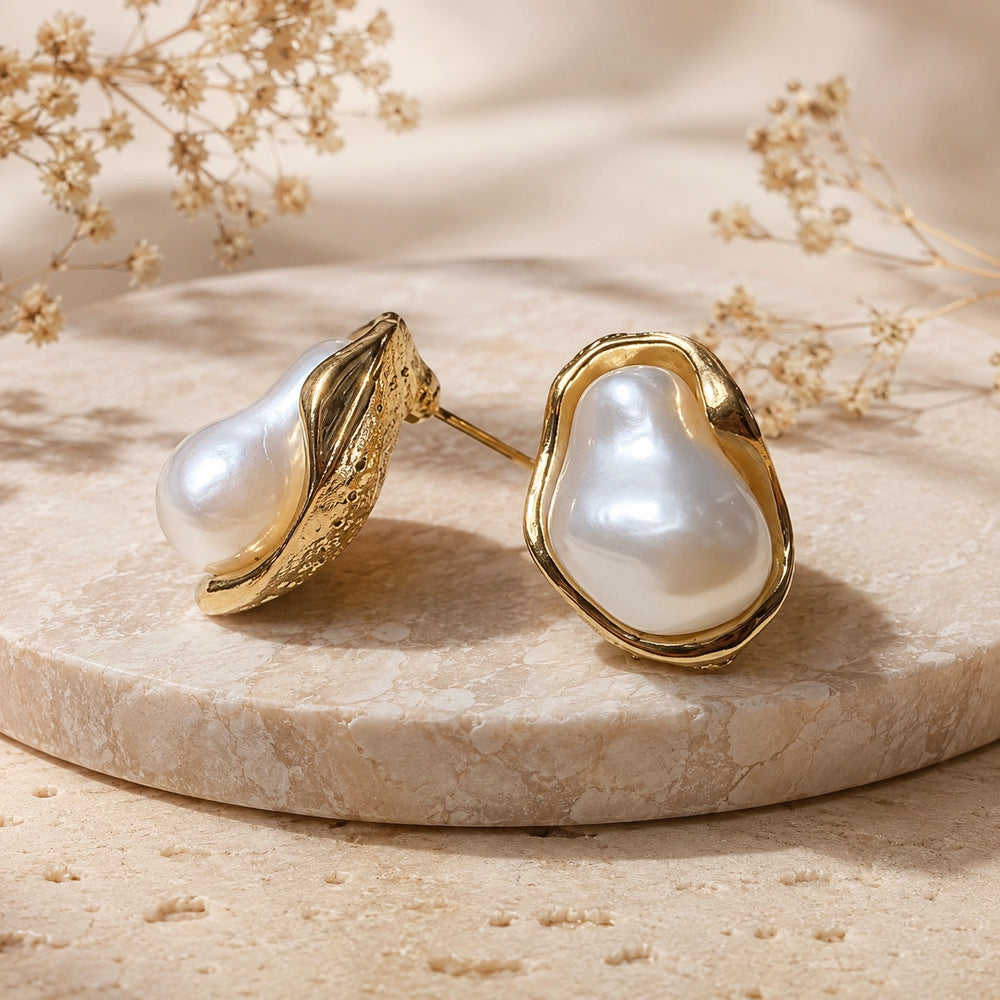 Baroque Pearl Stud Earrings - Gold Plated Vintage Design