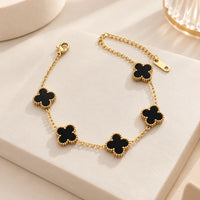 Black Clover & Floral Enamel Bangle Set - Anti Tarnish Gold Plated