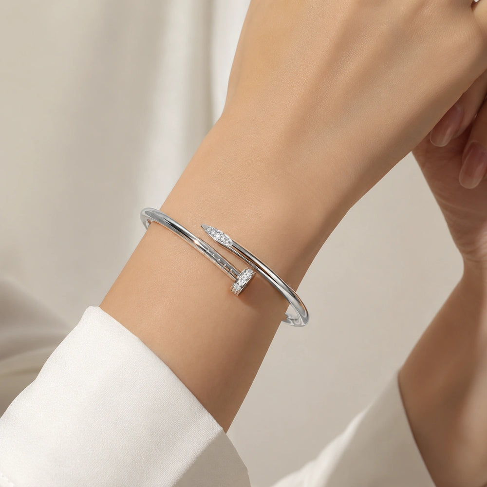 Silver Crystal Nail Bracelet | Minimalist Wrap Cuff Bangle