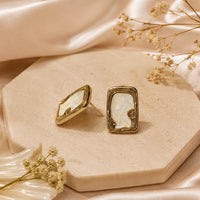 Vintage Pearl Inlay Rectangular Stud Earrings - Gold Plated