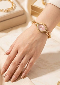 Moncheri Luxury Pastel Pink Oval Anti-Tarnish Gold Plated Chain Link Watch