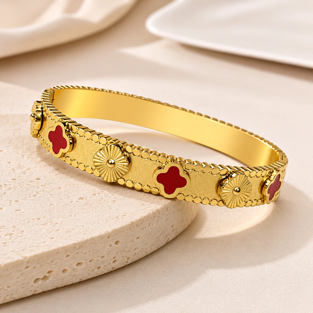 Red Clover Motif Anti-Tarnish Gold Plated Bangle Bracelet