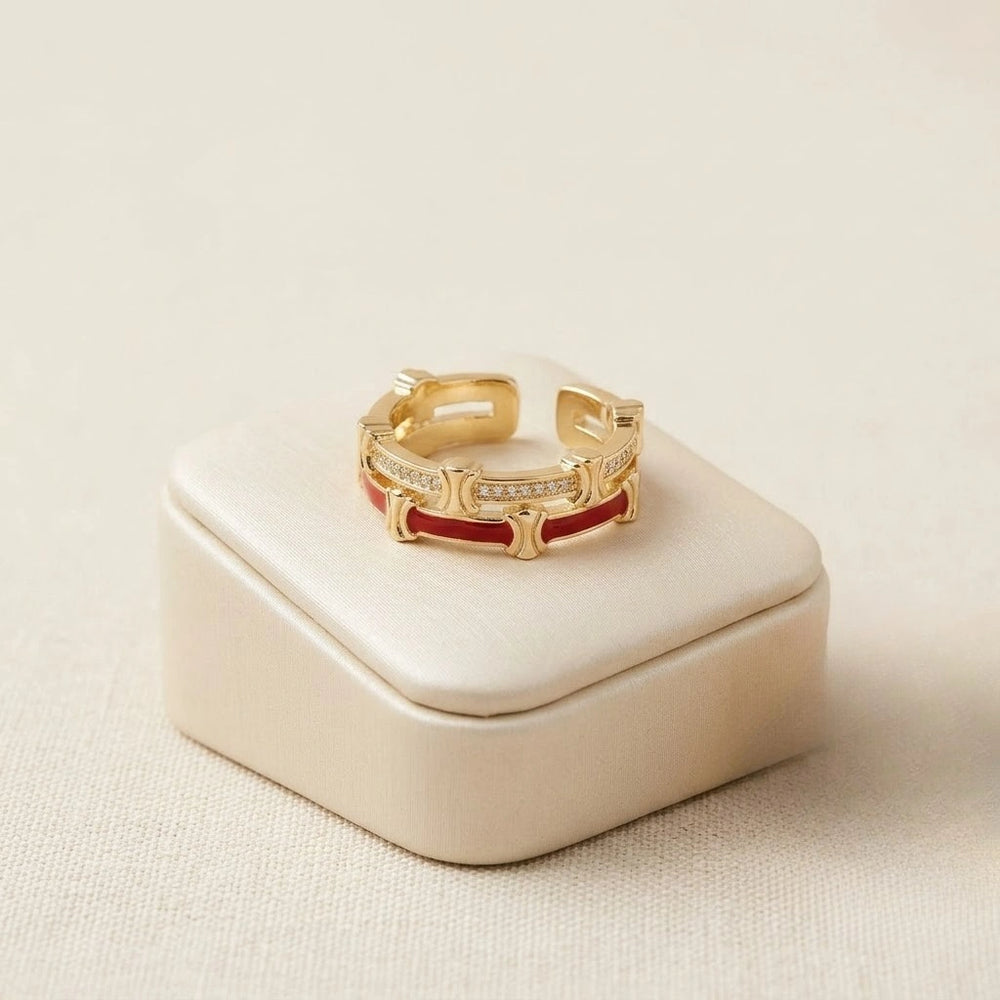 Red Enamel Layered Adjustable Ring - Anti Tarnish Gold Plated | Korean Minimalist Design
