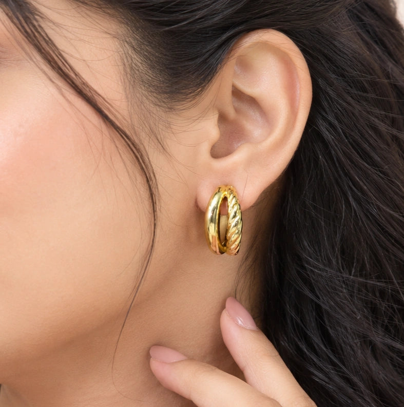 Twisted Double Hoop Anti Tarnish Gold Plated Earrings