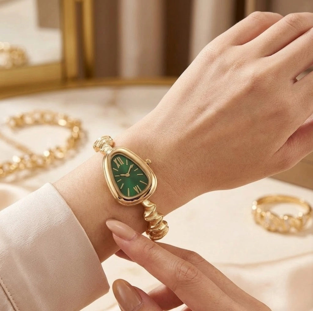 Emerald Green Vintage Shield Dial Watch - Anti-Tarnish Gold Plated