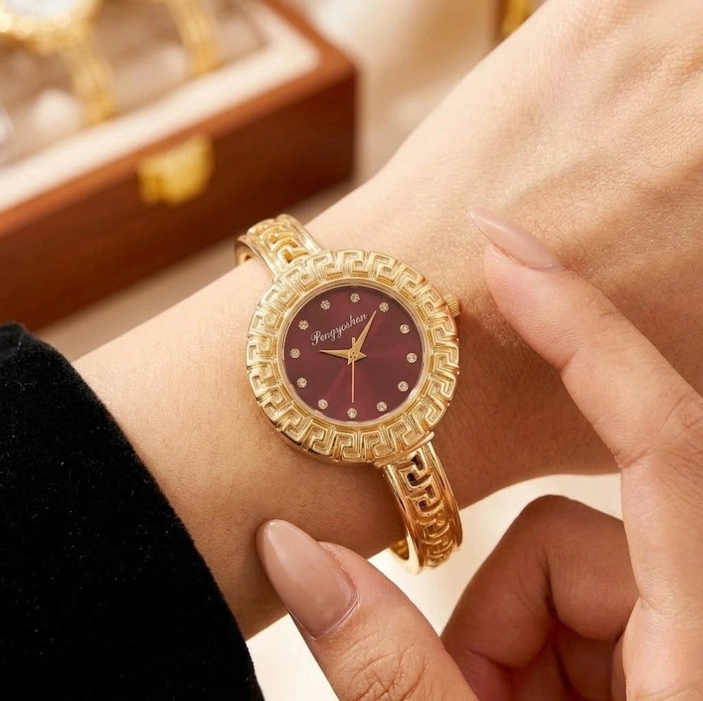 Elegant Greek Key Design Women's Anti-Tarnish Gold Plated Wrist Watch