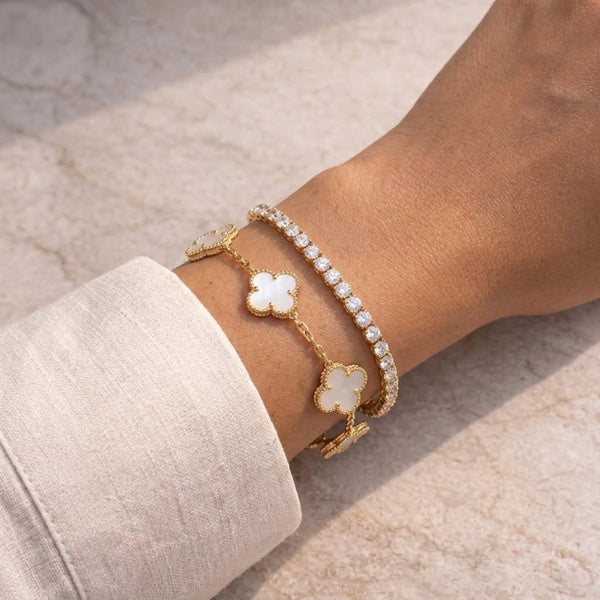 White Clover & Zircon Tennis Bracelet Stack | Anti-Tarnish Gold Plated