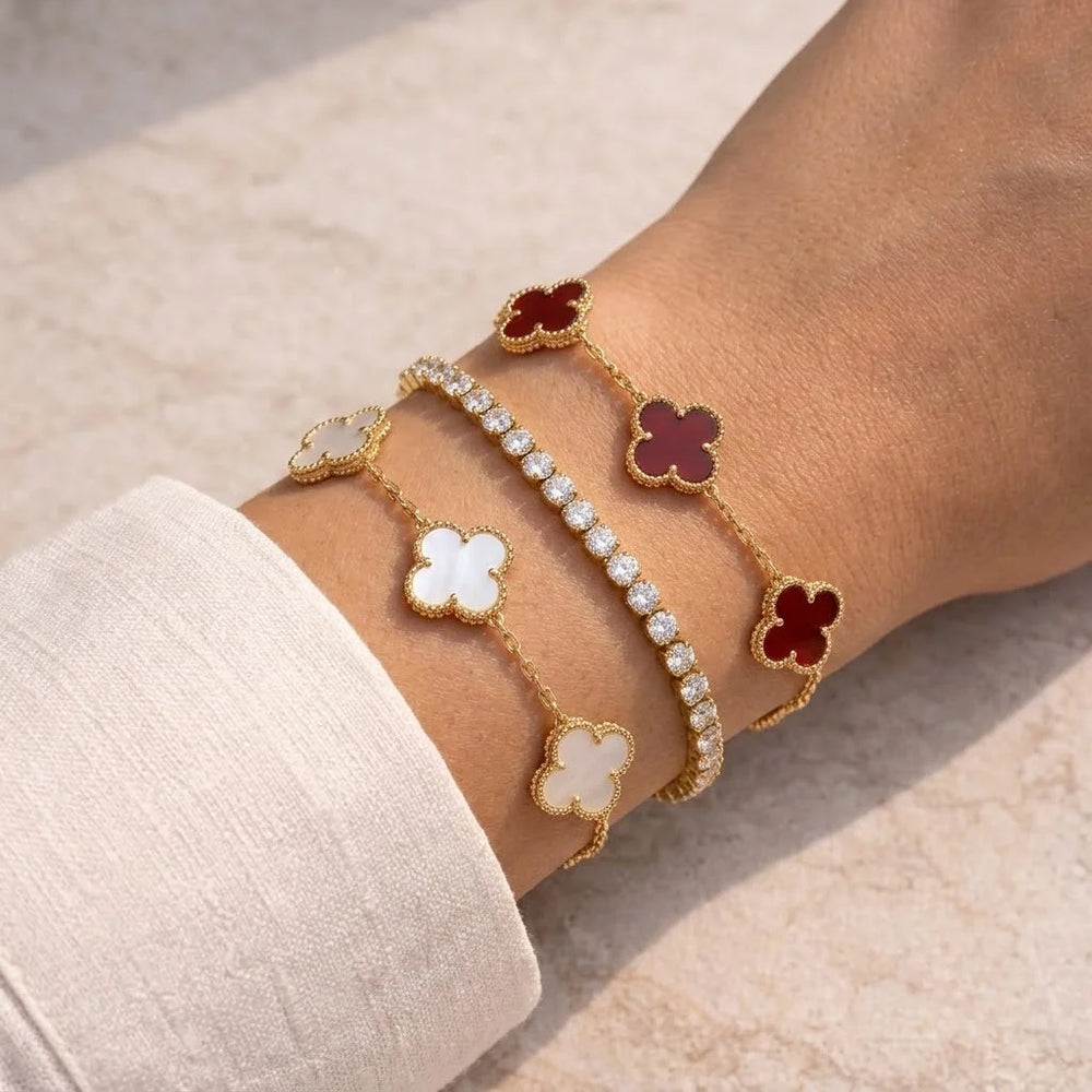 3-Piece Clover & Tennis Bracelet Stack - Anti-Tarnish Gold-Plated Old Money Combo