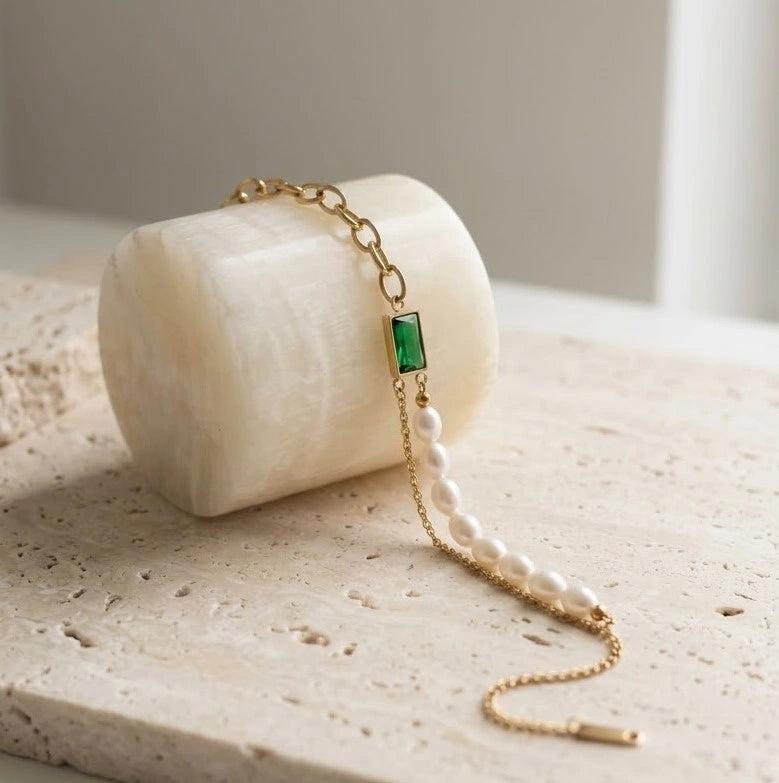 Emerald Green Stone & Pearl Gold-Plated Bracelet