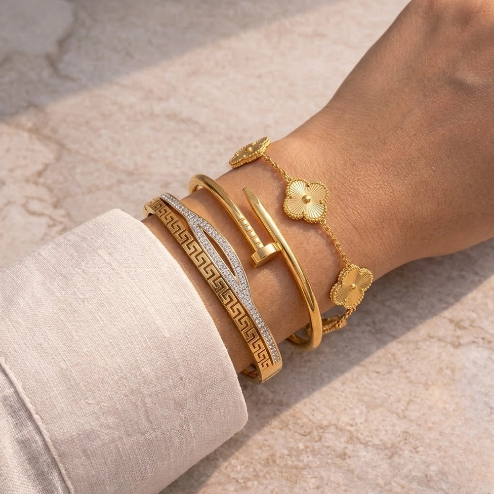 Anti-Tarnish Gold Plated 3-Piece Bracelet Stack - Old Money Clover & Nail Combo