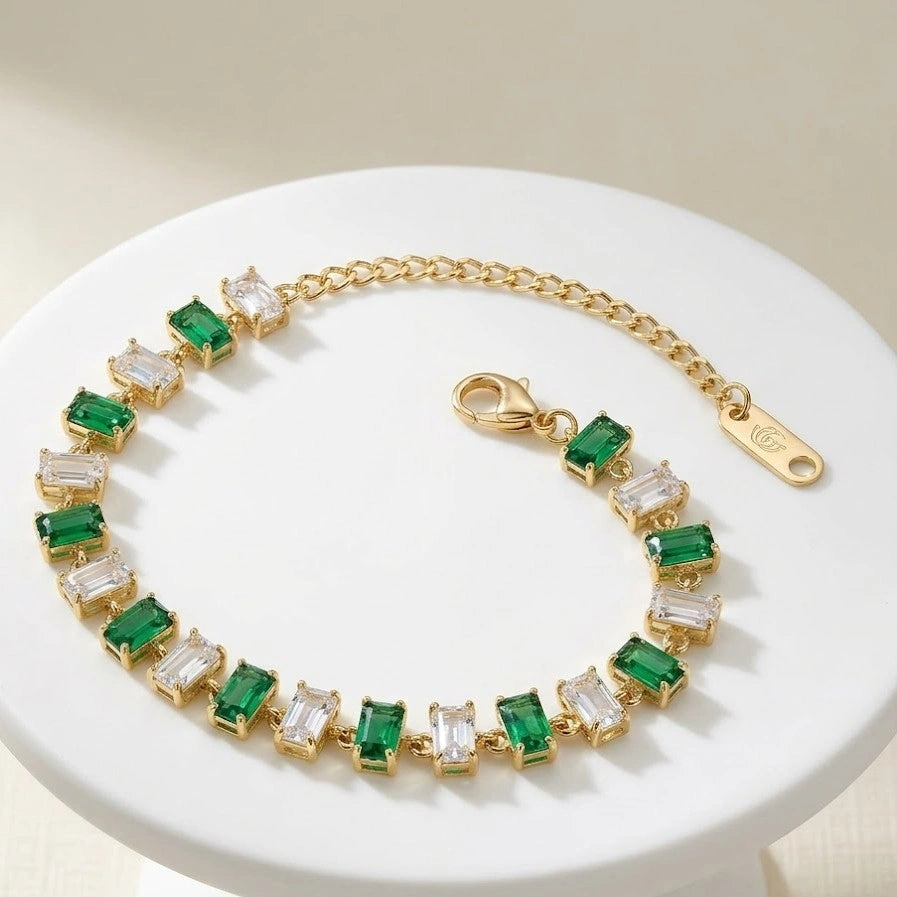 Emerald Green Minimalist Bracelet Stack - Anti Tarnish Gold Plated