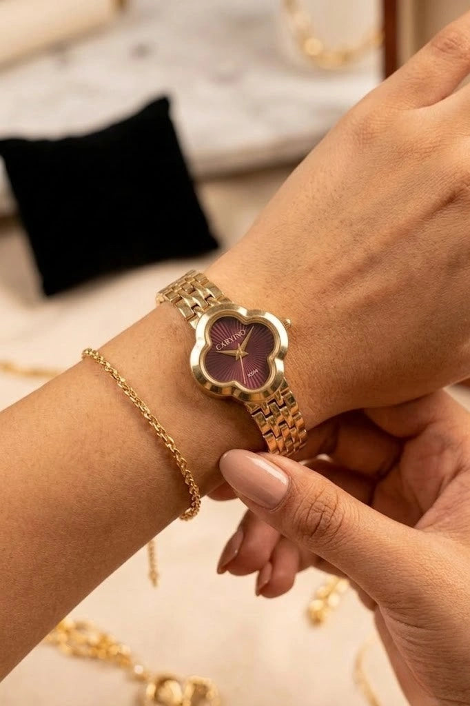 Elegant Clover Gold Plated Women’s Watch | Maroon Dial | Anti-Tarnish