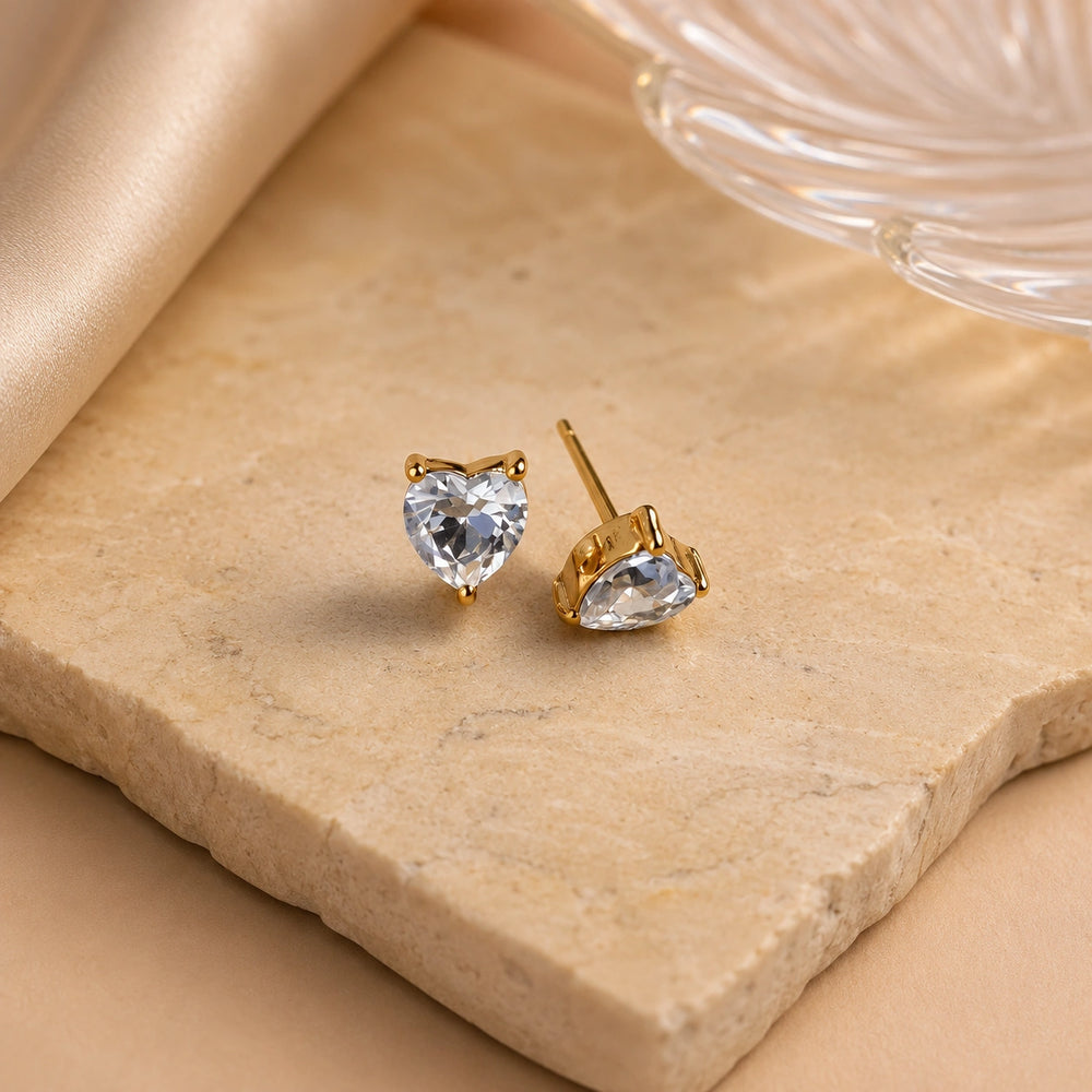 Crystal Heart Stud Earrings - Gold Plated Minimalist Fashion Jewelry