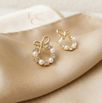Pearl Bow Wreath Crystal Stud Earrings - Dainty Coquette Fashion Jewelry