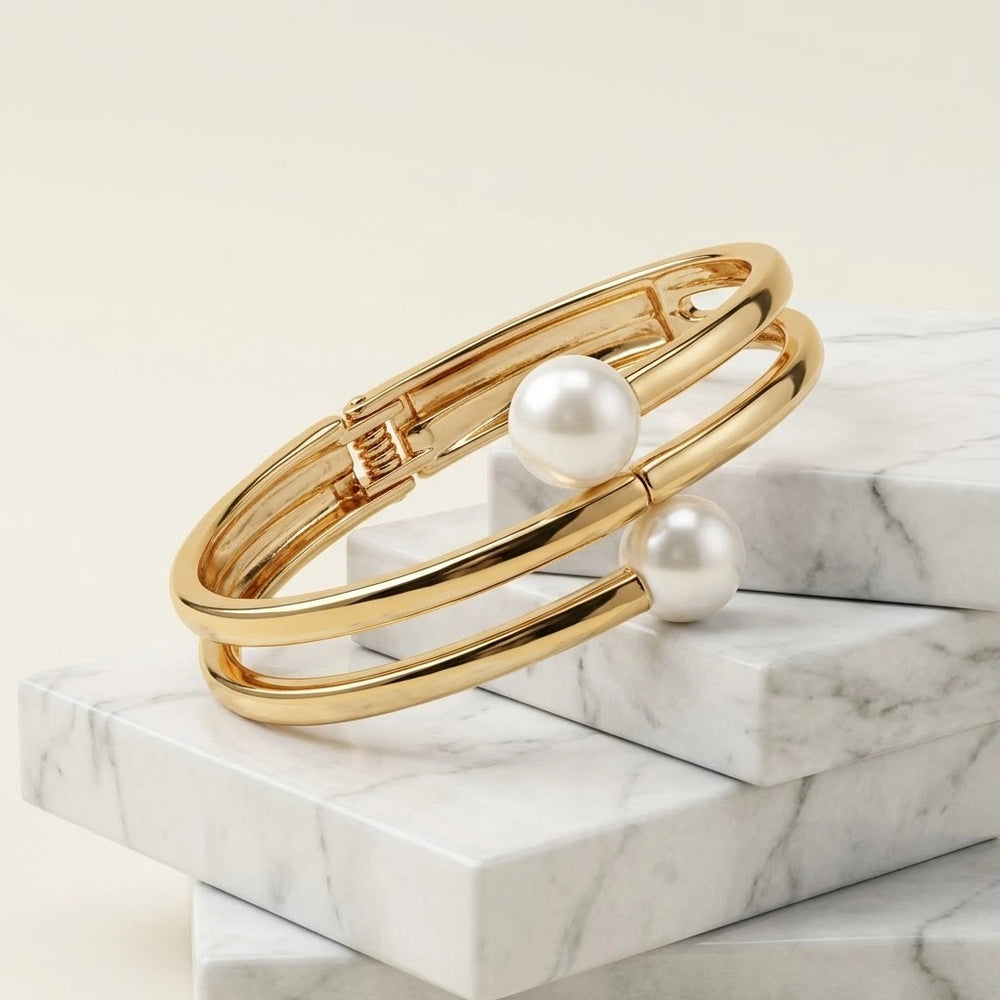 Korean Pearl Double Band Gold Plated Cuff Bracelet