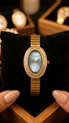 Vintage Oval Crystal Watch - Gold Plated & Ice Blue Dial