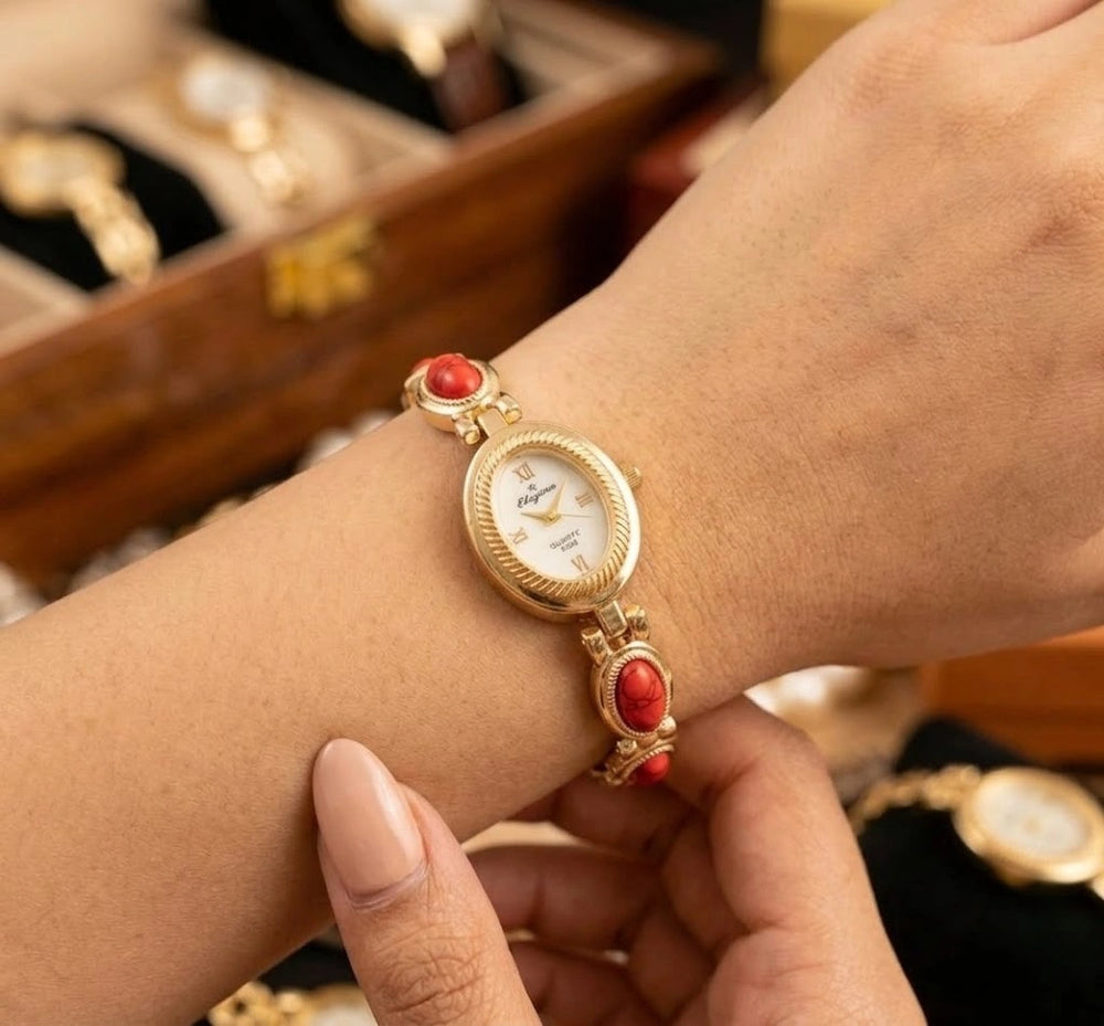 Vintage Aesthetic Red Stone Watch - Anti-Tarnish Gold Plated