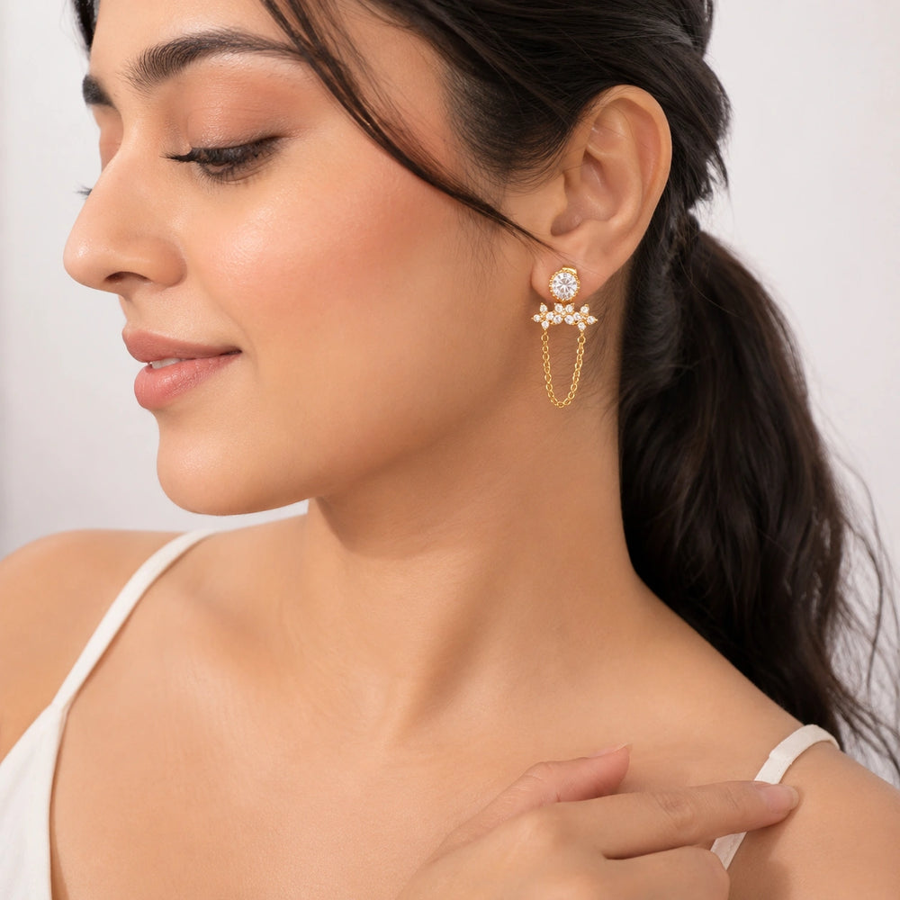 Crystal Chain Drop Earrings - Anti Tarnish Gold Plated