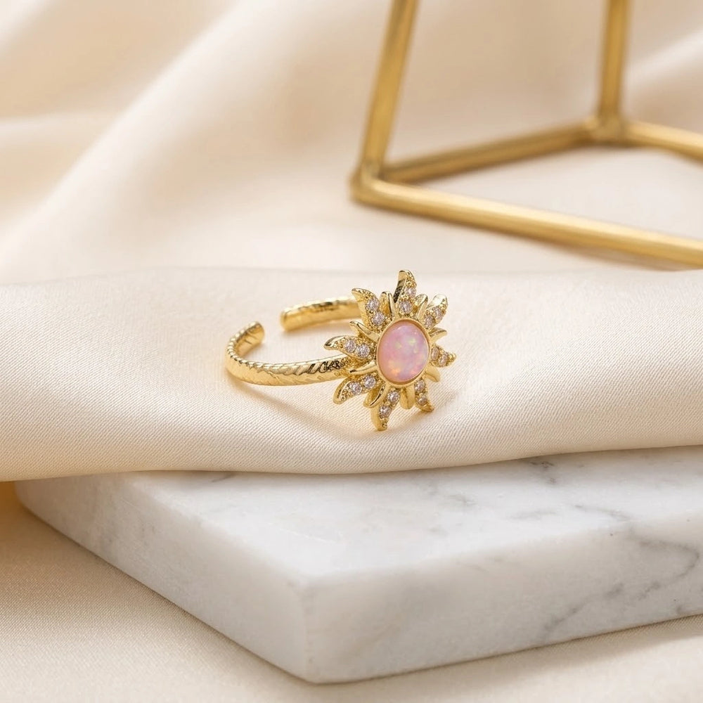 Opal Sunburst Adjustable Ring - Anti-Tarnish Gold Plated Celestial Jewelry