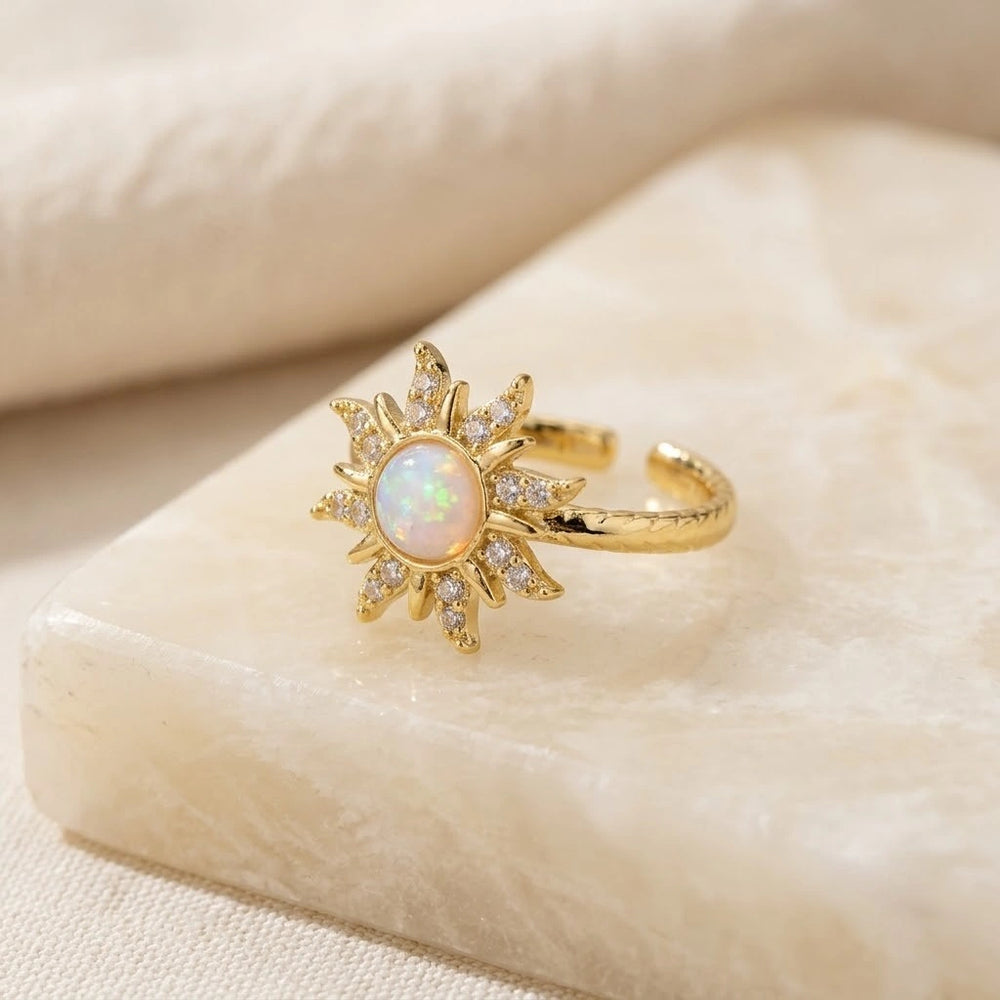 Opal Sunburst Adjustable Ring - Anti-Tarnish Gold Plated Celestial Jewelry