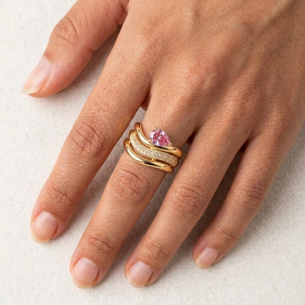 Teardrop Pink Stone Layered Ring | Anti-Tarnish Gold Plated