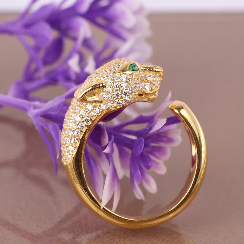 Panther Head Gold Pave Fashion Ring | High Quality Statement Open Ring
