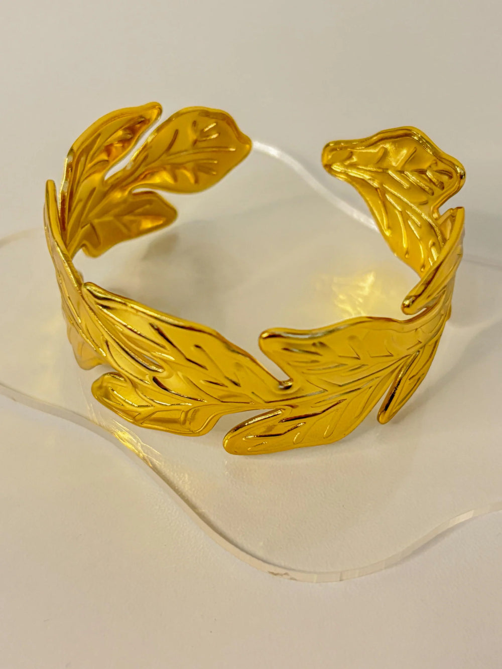 Anti-Tarnish Gold Plated Leaf Cuff Bracelet - Adjustable Botanical Design