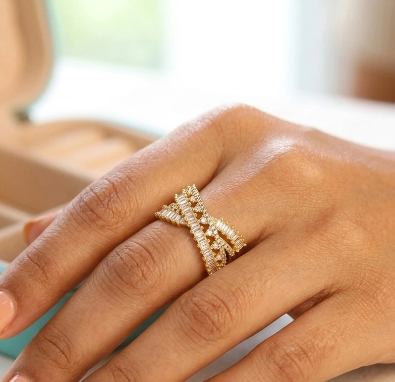 Gold Crystal Statement Open Ring - Premium Adjustable Fashion Jewelry
