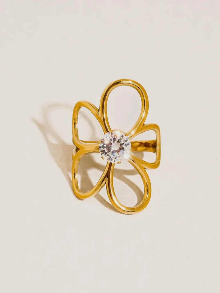 Floral Open Petal Solitaire Ring - Anti Tarnish Gold Plated