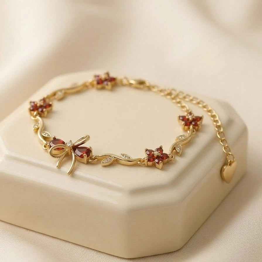 Orange Stone Bow & Floral Bracelet - Anti Tarnish Gold Plated-Tulip