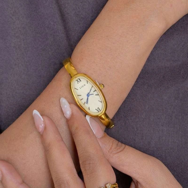 Elegant Oval Cream Dial Anti-Tarnish Gold Plated Watch