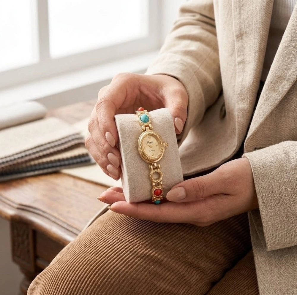 Moncheri Oval Dial Multi-Color Stone Bracelet Watch - Anti-Tarnish Gold Plated