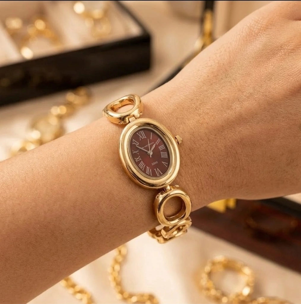 Vintage Oval Maroon Dial Watch | Anti-Tarnish Gold Plated