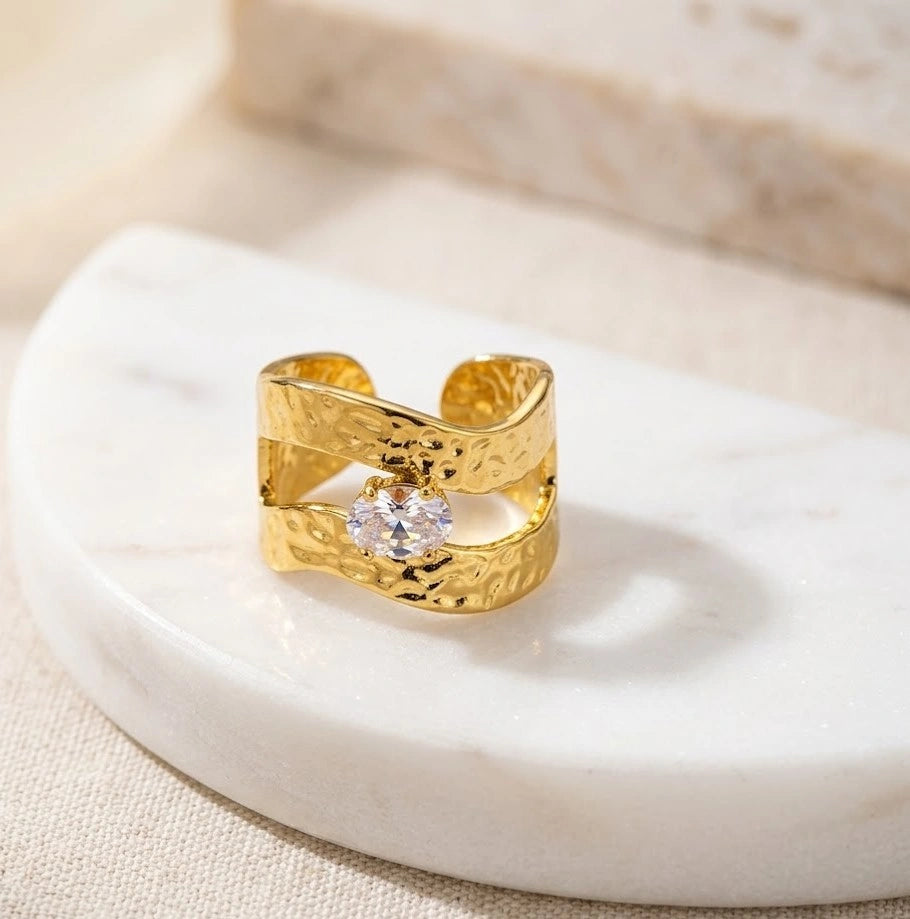 Hammered Double Band Adjustable Ring with Oval Stone | Anti-Tarnish Fashion Jewelry